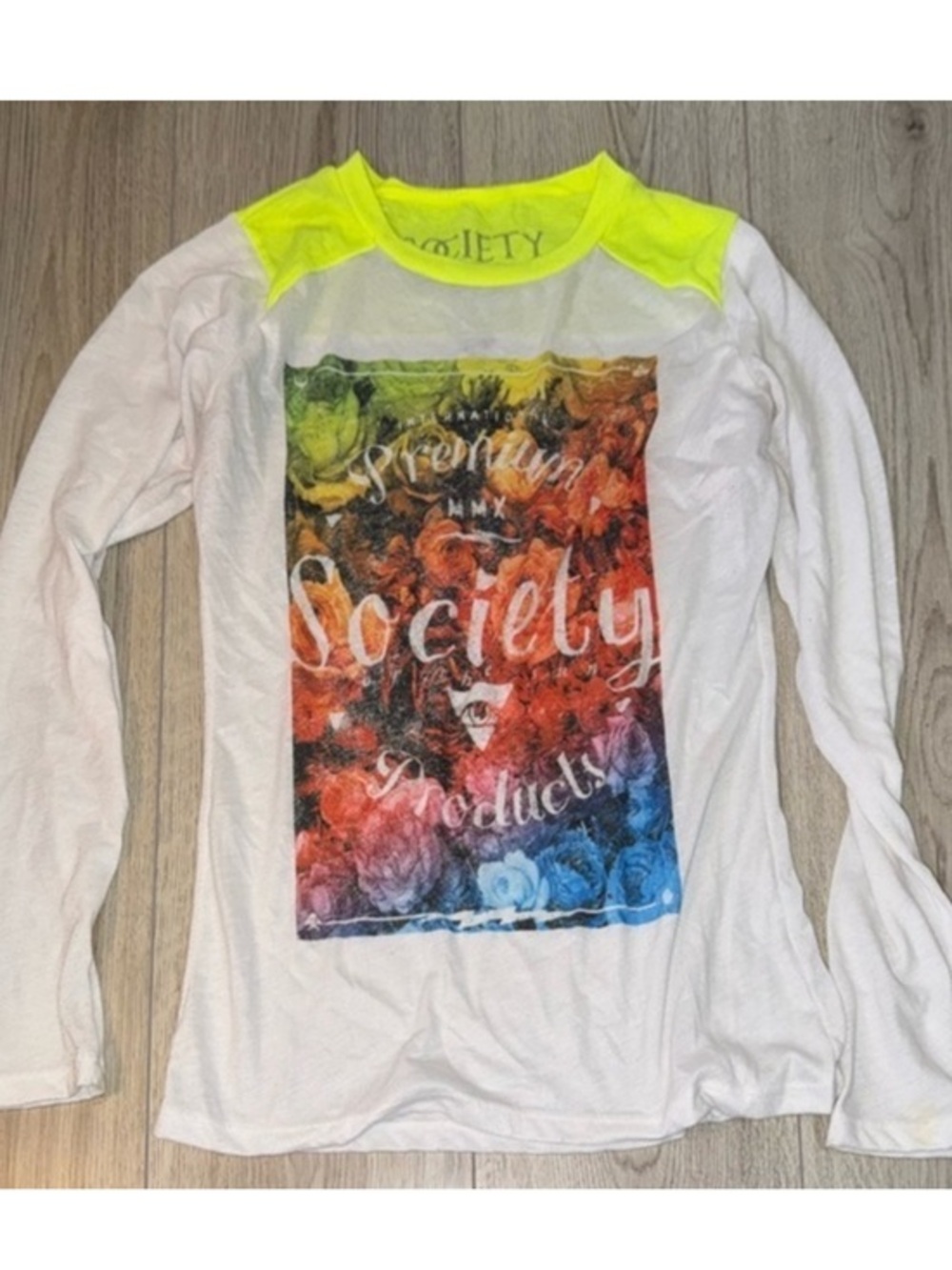 Society white yellow long sleeve shirt top